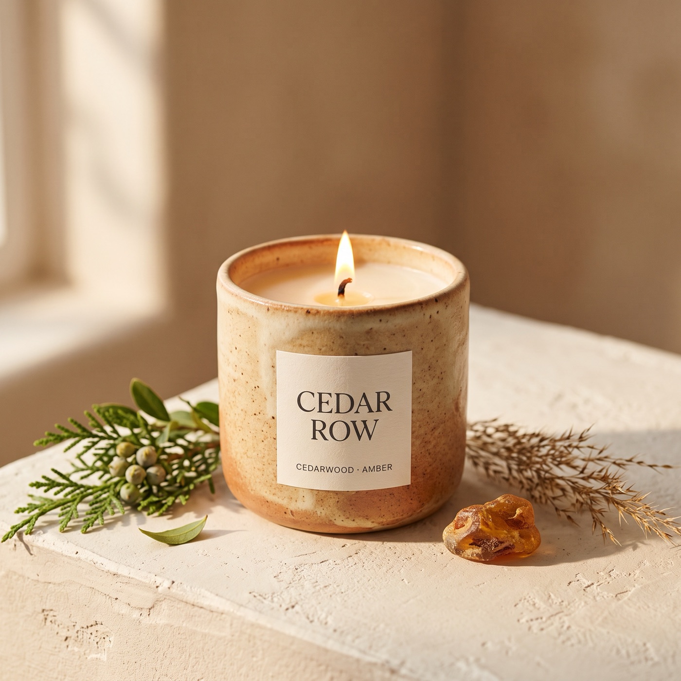 Cedar Row cedarwood and amber hand-poured soy candle in a stoneware vessel